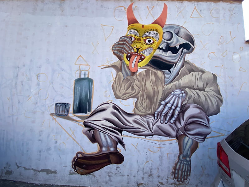 Oaxaca City Street Art - Jalatlaco - Skeleton with mezcal