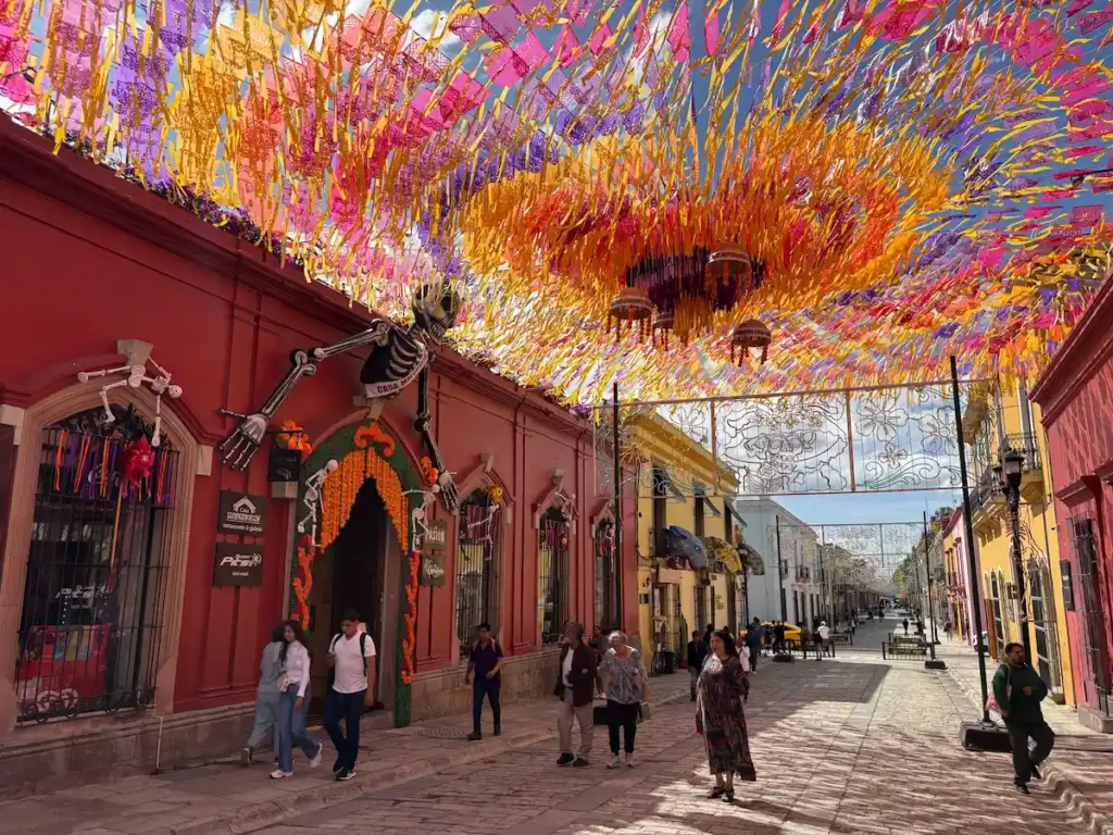 Oaxaca City Day of the Dead street decorations - Andador turistico. Paper decorations and skeleton