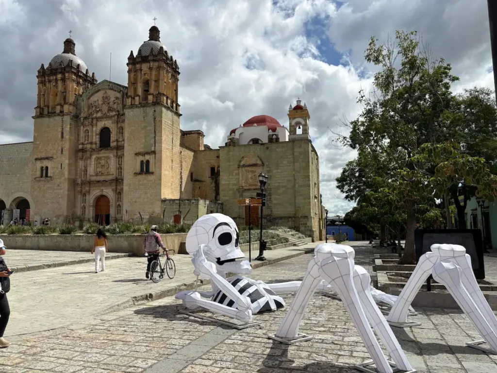 Oaxaca City Day of the Dead street decorations - skeleton coming out of the ground