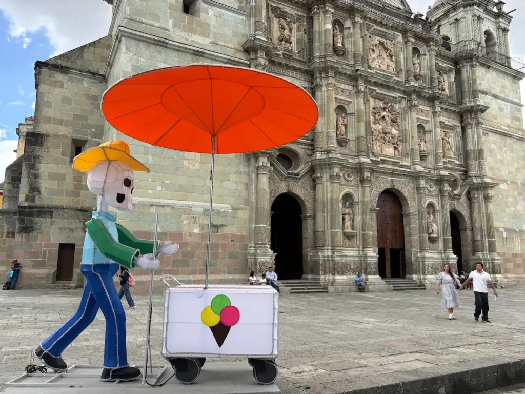 Oaxaca City Day of the Dead street decorations - Skeleton selling ice creams